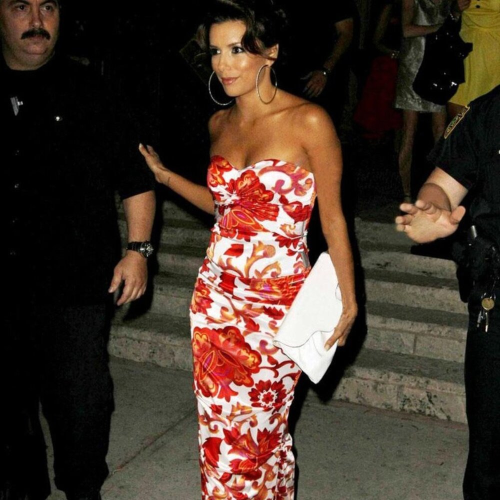 Eva Longoria Rubber Ducky Red and White Flower  Dress